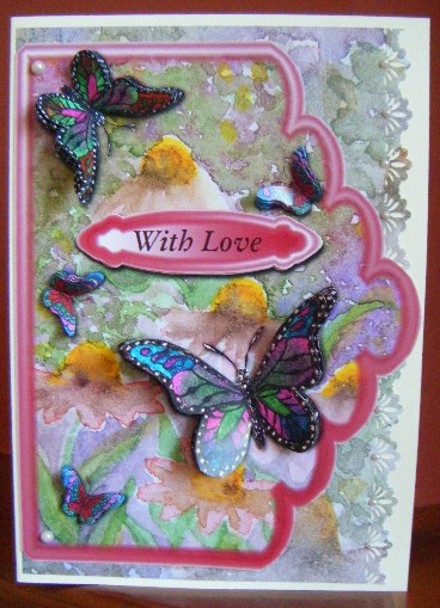 Butterflies in the Sun Scallop Edge Card Front Wth Decoupage by Maureen Garrigan