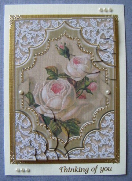 Cream Roses Fancy Diamond 7x5 Scallop Duo Corner Stacker by Maureen Garrigan