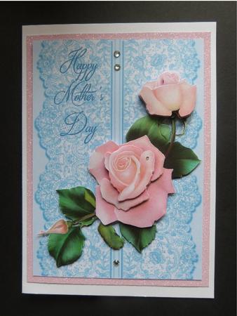 Roses on Lace - Pale Pink on Blue - Mothers Day by Maureen Garrigan