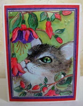 Cat and Fuschia Step by Step Decoupage Card by Maurine Tapscott