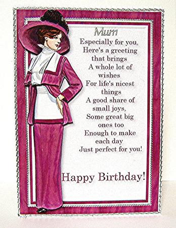 Lady in Pink and White Card Front with Birthday Verse by Maxine Jones