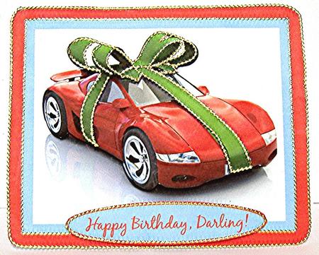 Red Car Wrapped Up in Bow Quick Card with Decoupage by Maxine Jones