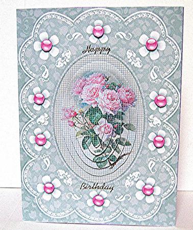 Pink Roses 'n Lace Needlepoint Pyramid Card Front by Maxine Jones