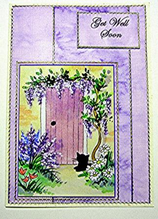 Cat by the Cottage Door Decoupage Card with Sentiments by Maxine Jones