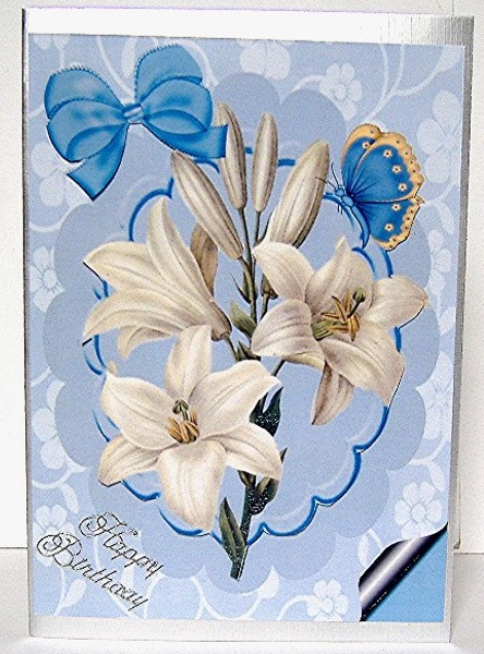 Pretty Cream Lily on Blue Scalloped Frame A4 by Maxine Jones