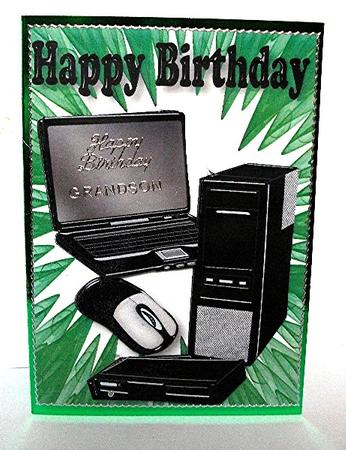 Computer and Accessories on Green Abstract Background by Maxine Jones