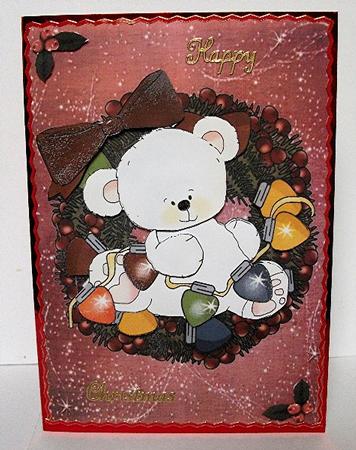 Christmas Polar Bear in Holly Wreath with Lights by Maxine Jones