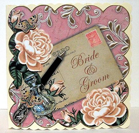 Peach Pink Bride & Groom 8in Scallop Decoupage Topper by Maxine Jones