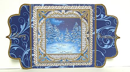 Blue Christmas Trees Lace Bracket Wrap Card by Maxine Jones