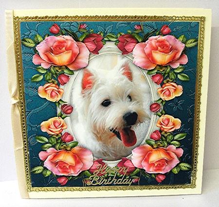 8 x 8 West Highland Terrier & Roses Decoupage Card Topper by Maxine Jones