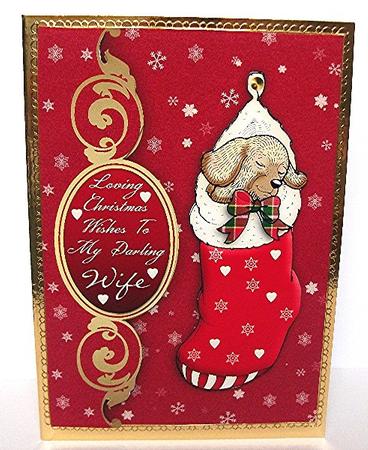 Wife Cute Christmas Card with Puppy in Stocking by Maxine Jones