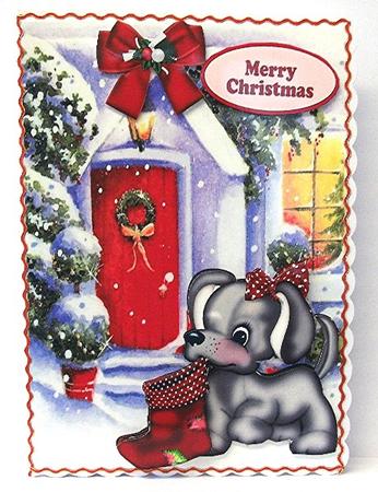 Cute Puppy with Stocking with Snow Cottage by Maxine Jones