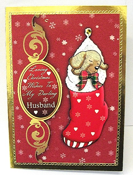 Husband Christmas Card with Puppy in Stocking by Maxine Jones