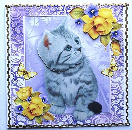 Cute Grey Cat with Yellow Roses 8x8 by Maxine Jones