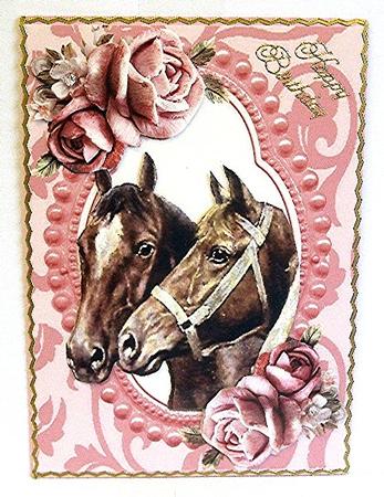 Horses in Bead Frame with Pink Roses by Maxine Jones