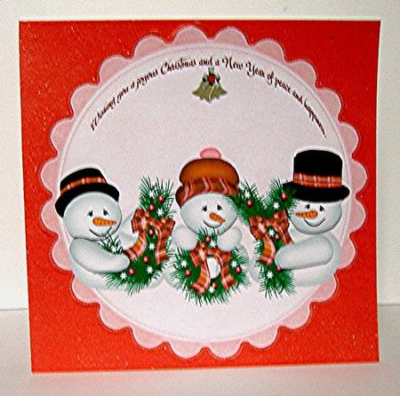 8 x 8 Christmas Joy Snowmen Card Front with Decoupage by Maxine Jones