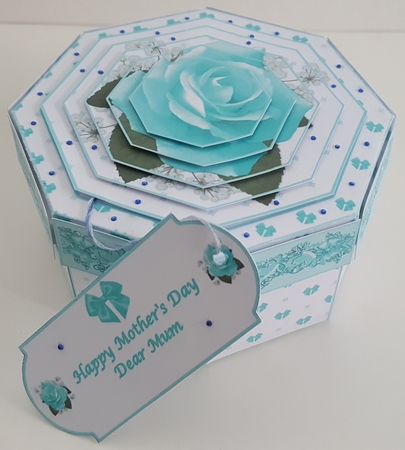 Aqua rose and butterfly octagonal exploding box card with gift box. by Maxine SANDIAN