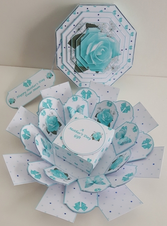Aqua rose and butterfly octagonal exploding box card with gift box. by Maxine SANDIAN