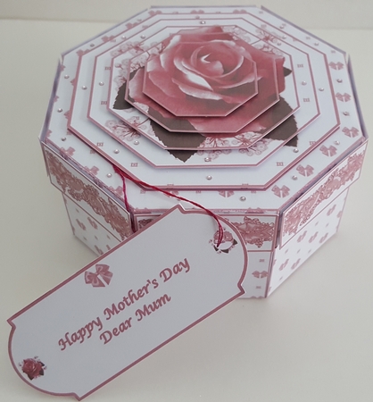 Deep pink rose and butterfly octagonal exploding box card with gift box. by Maxine SANDIAN