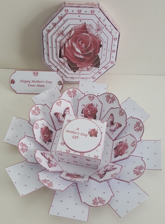 Deep pink rose and butterfly octagonal exploding box card with gift box. by Maxine SANDIAN