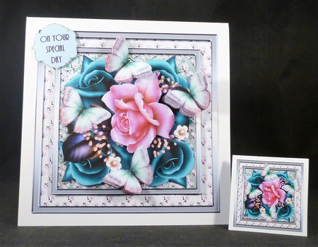 Beautiful Teal and Pink Rose Flutters Card Front Kit by Michelle Chivers