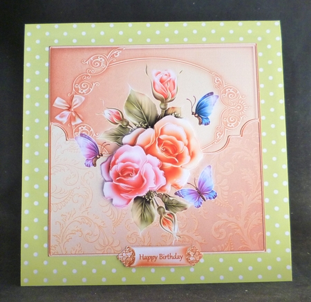 Butterfly and roses 7x7 card with decoupage and sentiment tags by Michelle Chivers