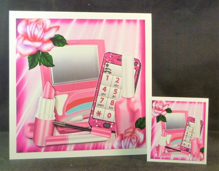 Pink makeup with  glitter mobile phone and rose 8x8 by Michelle Chivers