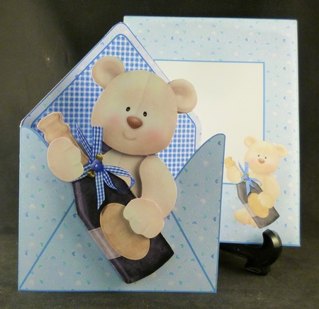Blue Champagne Bear Envelope Card by Michelle Chivers