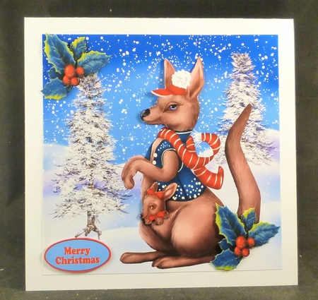 kangaroo in blue with little joey in her pouch in the snow 8x8 by Michelle Chivers
