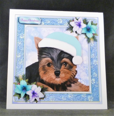 Adorable Yorkshire Terrier With Blue Santa Hat 8x8 by Michelle Chivers