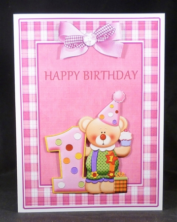 Girl Happy 1st birthday card topper with bear and bow decoupage by Michelle Chivers