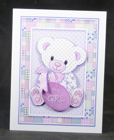 Patchwork Teddy Baby Girl Card Topper - Pink by Michelle Chivers