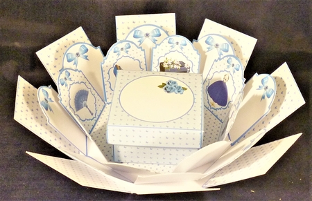 Blue roses octagonal exploding box card with gift box by Michelle Chivers