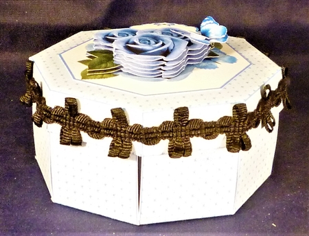 Blue roses octagonal exploding box card with gift box by Michelle Chivers