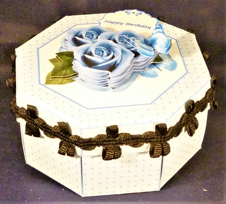 Blue roses octagonal exploding box card with gift box by Michelle Chivers