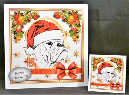 Bulldog in a santa hat with bow and festive corners 8x8 by Michelle Chivers