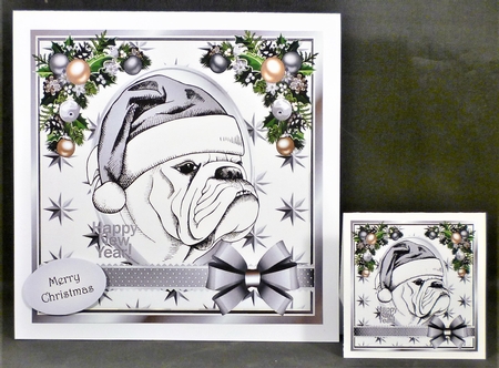 Bulldog in a santa hat with silver bow and festive corners 8x8 by Michelle Chivers