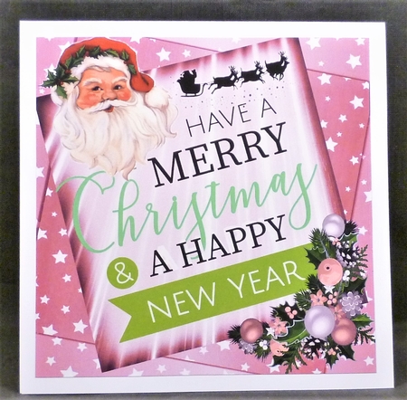 A lovely festive card front  with santa and pink stars and verse 8x8 by Michelle Chivers