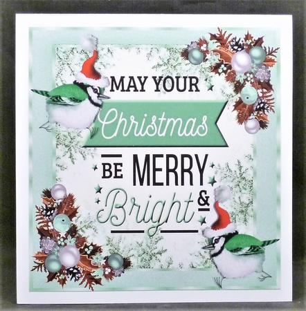A lovely festive card front  with little green birds in santa hats and verse 8x8 by Michelle Chivers