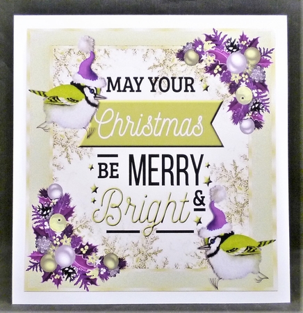 A lovely festive card front  with little  birds in purple santa hats and verse 8x8 by Michelle Chivers