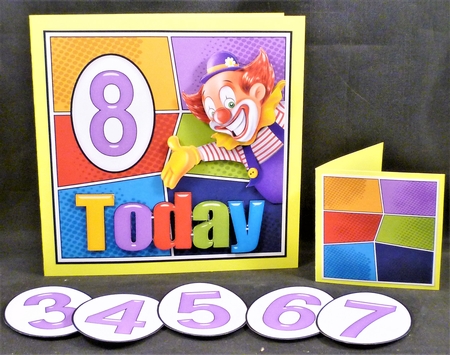 Ages 3 - 8 Birthday Clown card front by Michelle Chivers