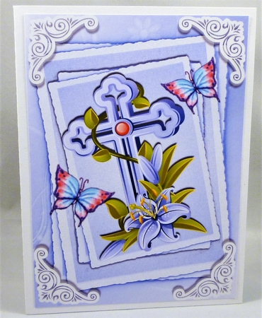 Pretty blue cross with lilies and butterflies stacked topper/card front A4 by Michelle Chivers