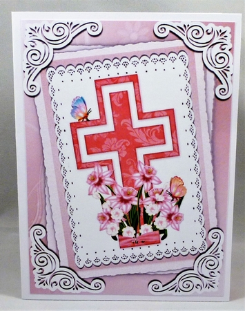 Pretty pink cross with daffs on lace stacked topper/card front A4 by Michelle Chivers