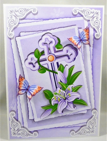 Pretty lilac cross with lilies and butterflies stacked topper/card front A5 by Michelle Chivers