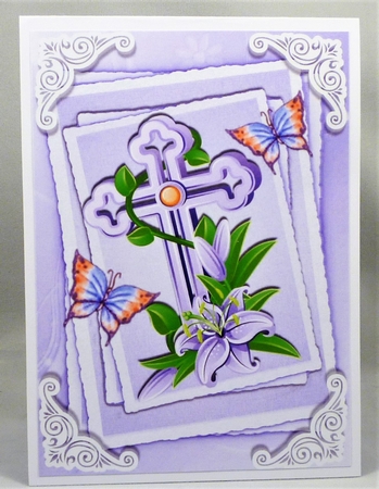 Pretty lilac/purple cross with lilies and butterflies stacked topper/card front A4 by Michelle Chivers