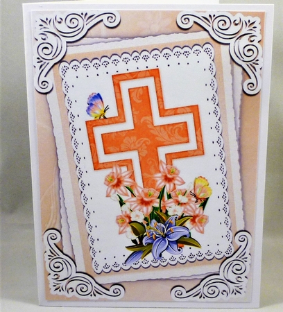pretty peach cross with daffs and lilac lillies on lace A4 by Michelle Chivers