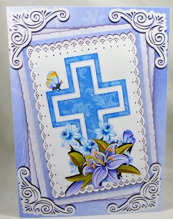 pretty blue cross with daffs and lilac lillies on lace A5 by Michelle Chivers