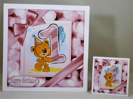 Cute teddy (1ST BIRTHDAY) in pink bubble frame 8x8 by Michelle Chivers