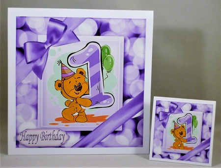 Cute teddy (1ST BIRTHDAY) in purple bubble frame 8x8 by Michelle Chivers