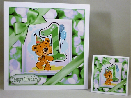 Cute teddy (1ST BIRTHDAY) in green bubble frame 8x8 by Michelle Chivers